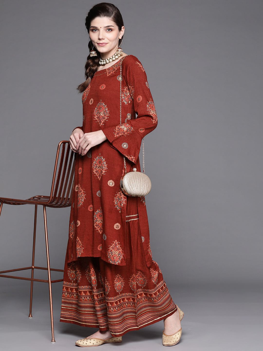 Maroon Digital Print Festive Embellished Kurta Sharara Set