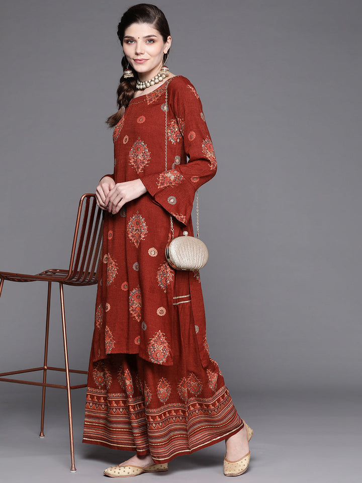 Maroon Digital Print Festive Embellished Kurta Sharara Set