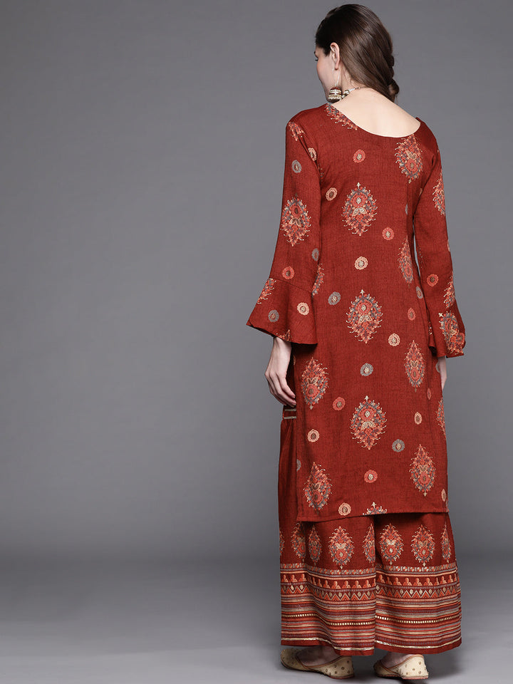 Maroon Digital Print Festive Embellished Kurta Sharara Set