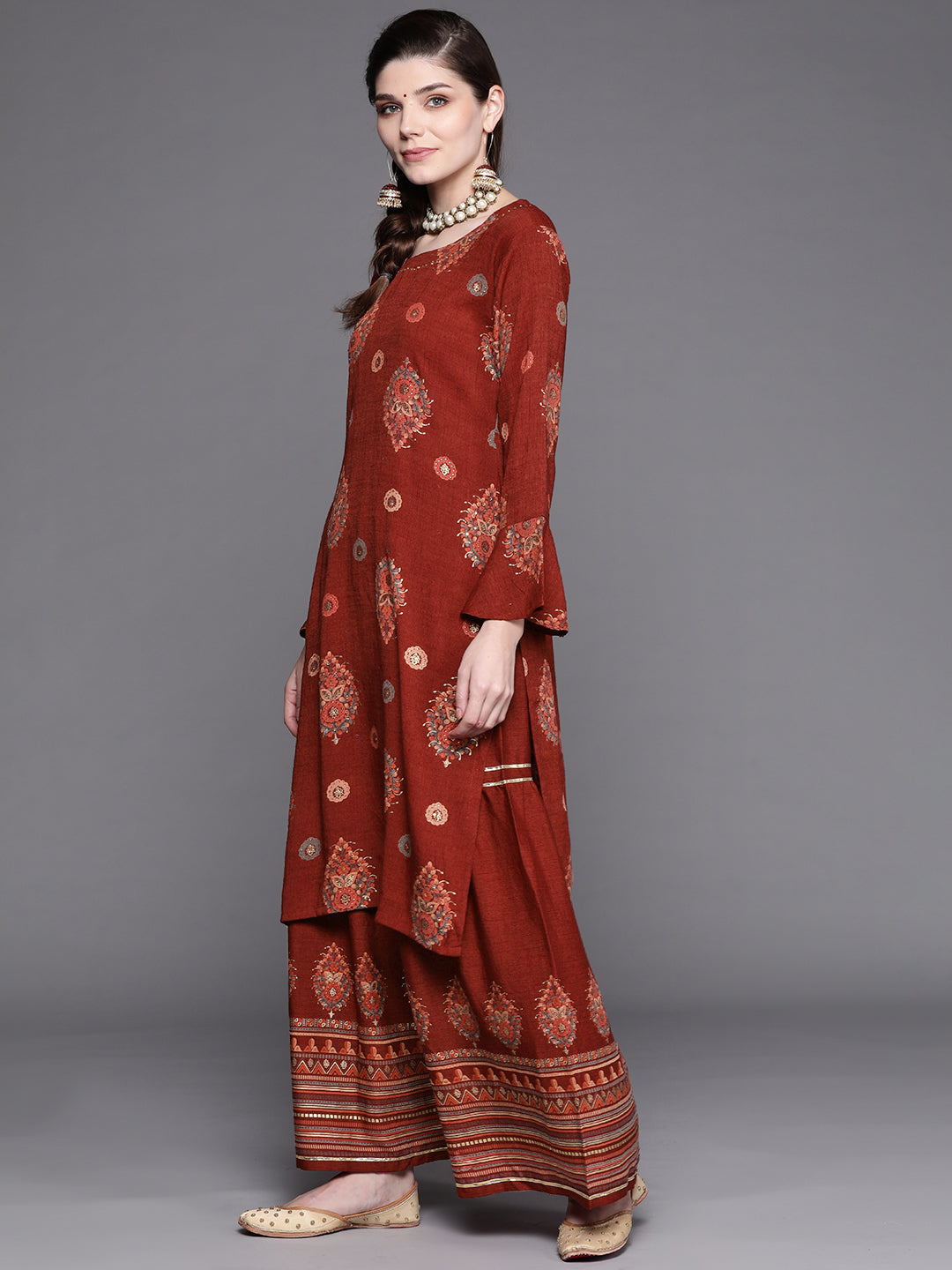 Maroon Digital Print Festive Embellished Kurta Sharara Set