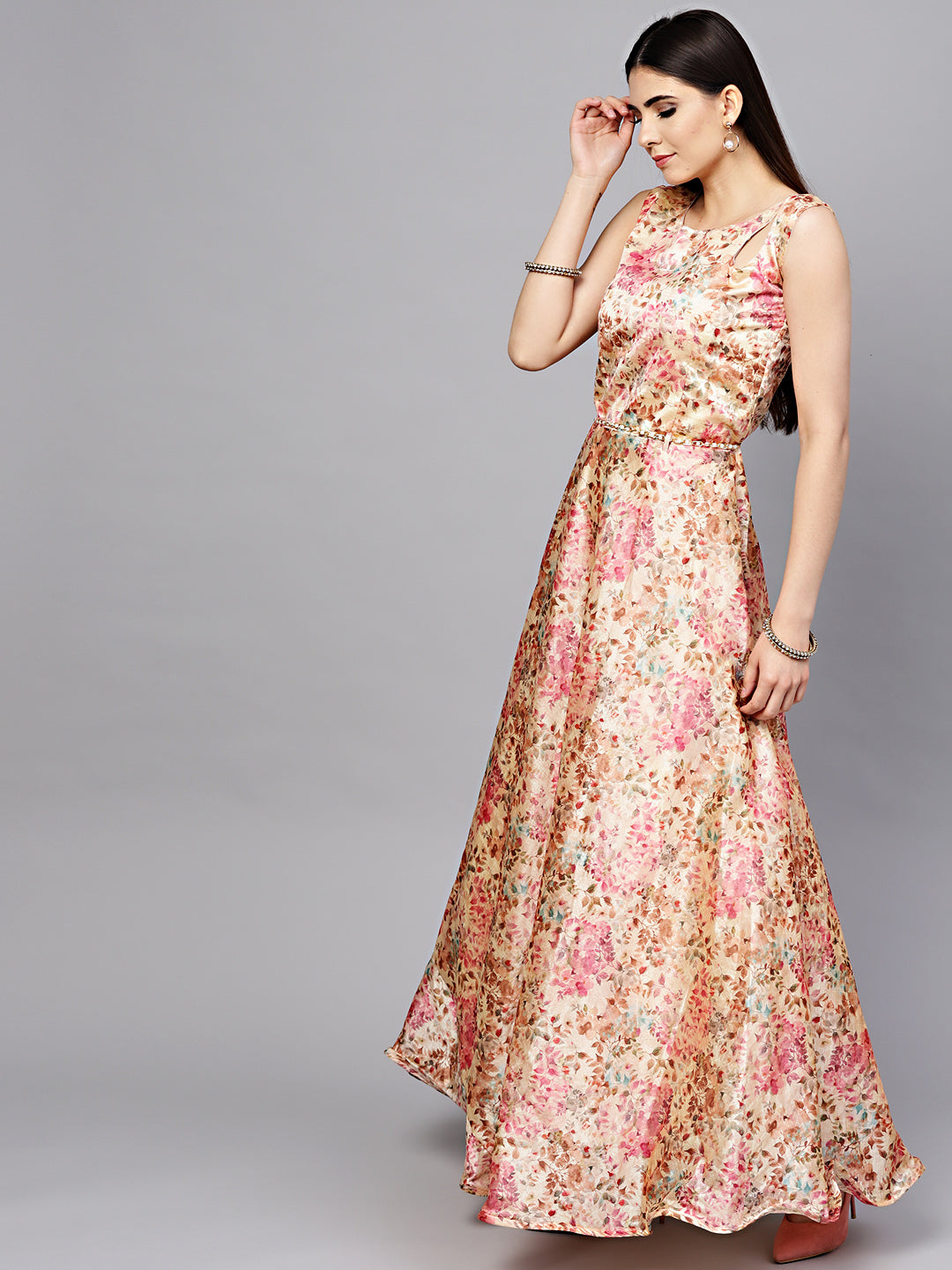 Floral Print Dress with Belt and Cut-out keyhole pattern