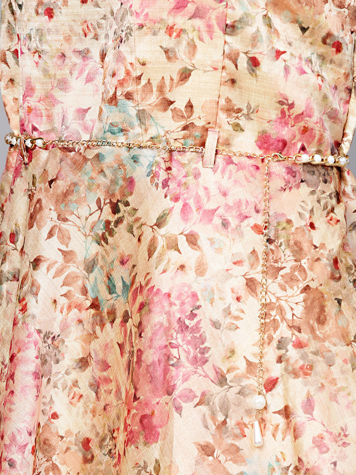 Floral Print Dress with Belt and Cut-out keyhole pattern