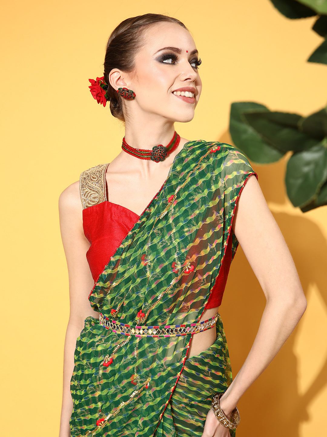 Leheriya Print Embroidered Georgette Saree With Multicolor Belt