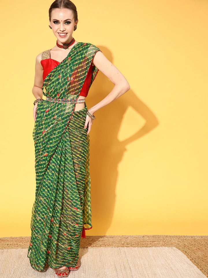 Leheriya Print Embroidered Georgette Saree With Multicolor Belt
