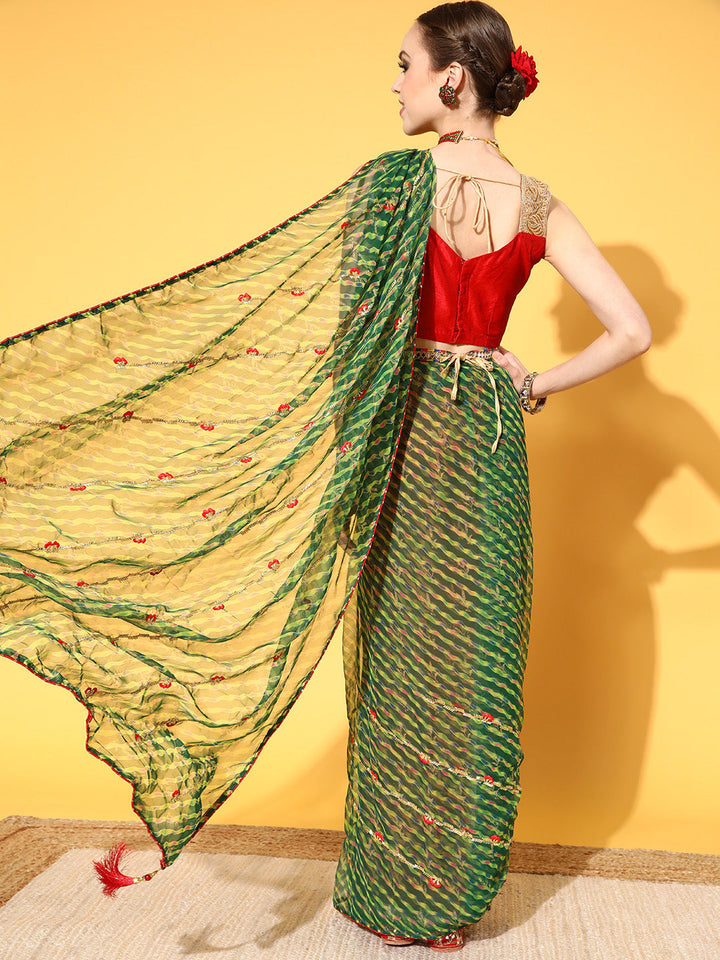 Leheriya Print Embroidered Georgette Saree With Multicolor Belt