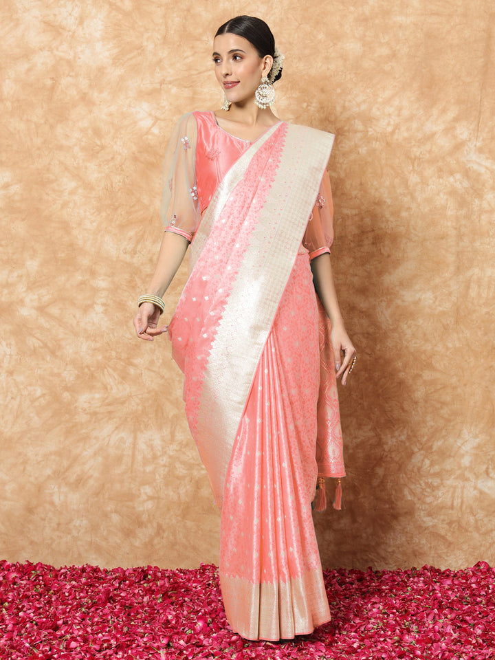 Pastel Banarasi Handloom Silk Saree with Self-weaving Ethnic butties