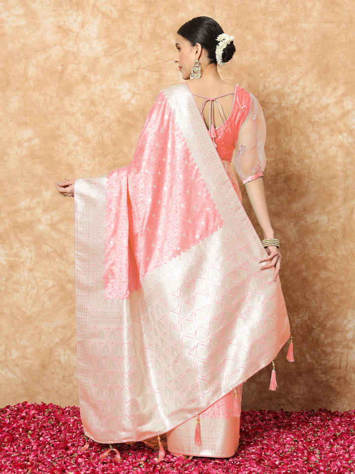 Pastel Banarasi Handloom Silk Saree with Self-weaving Ethnic butties