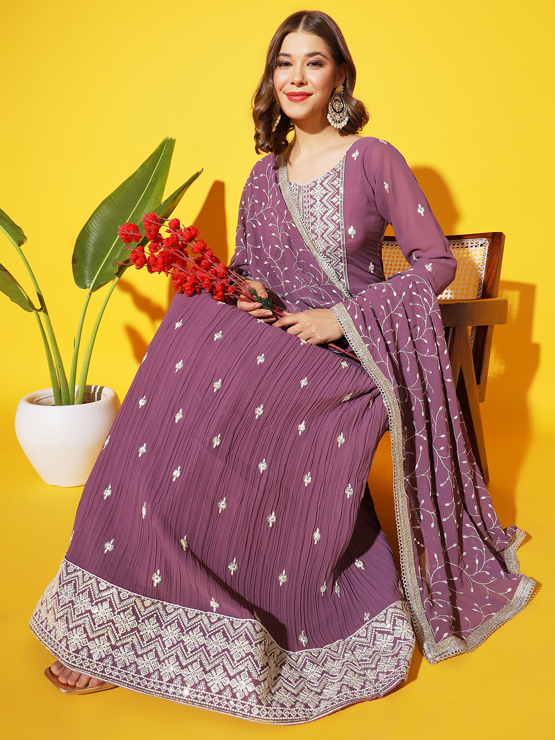 Purple Resham Chikankari Pleated Flared Georgette Gown with Dupatta