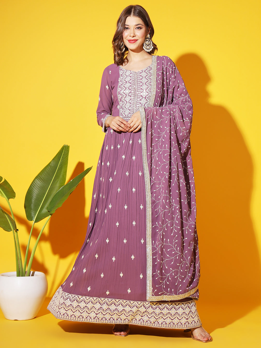 Purple Resham Chikankari Pleated Flared Georgette Gown with Dupatta