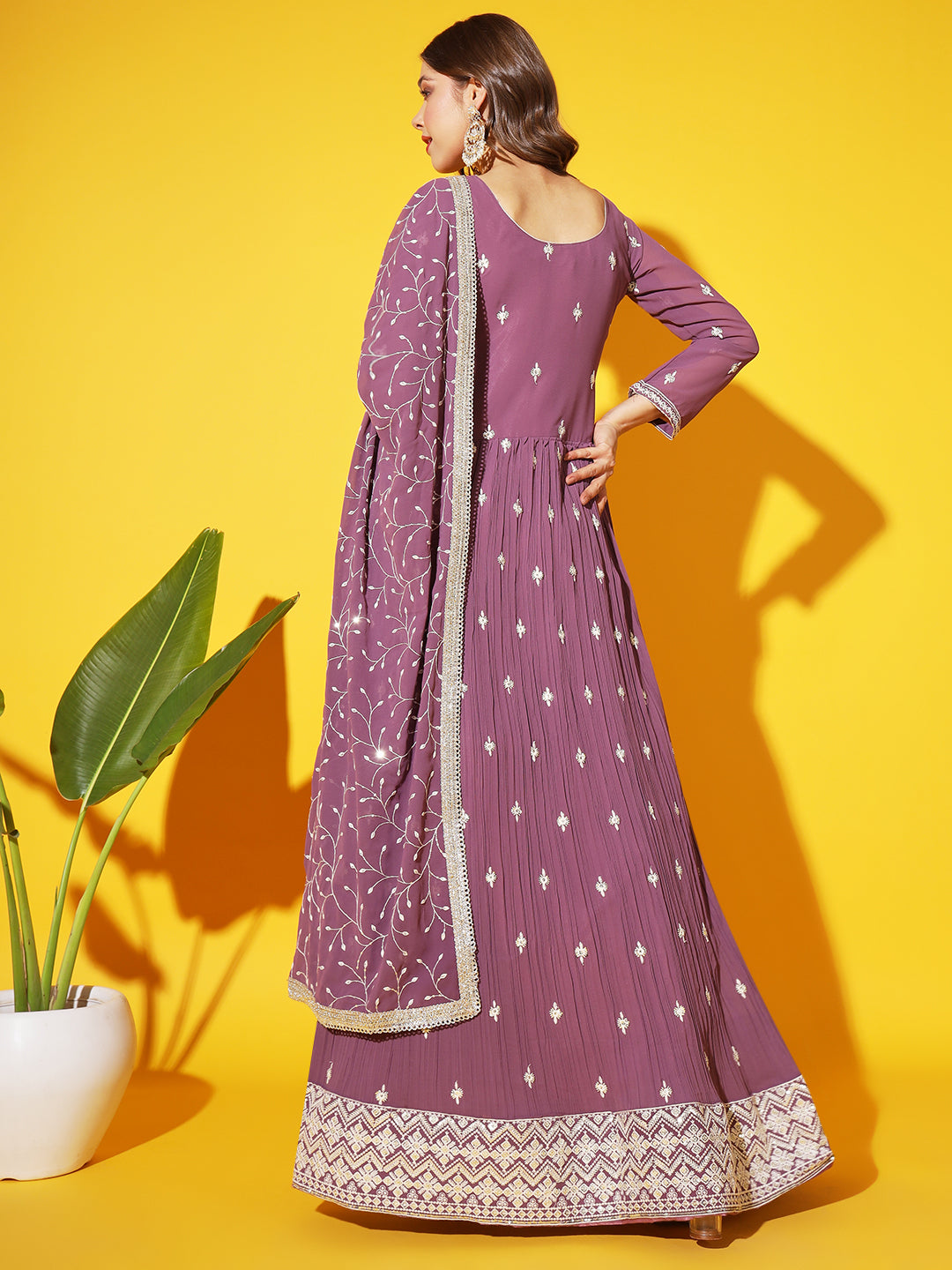 Purple Resham Chikankari Pleated Flared Georgette Gown with Dupatta