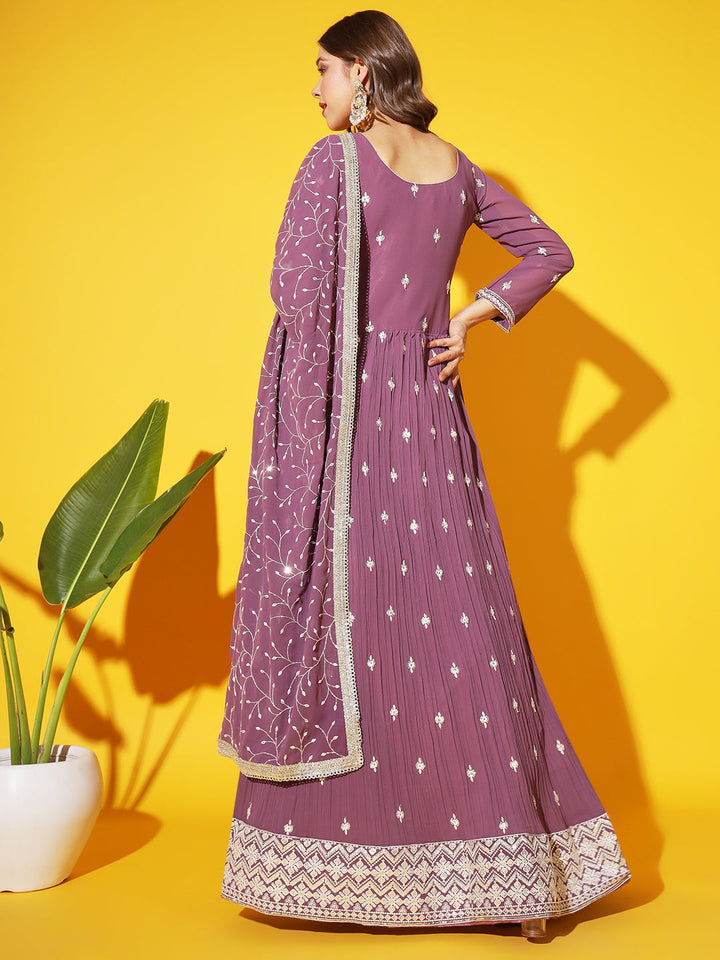 Purple Resham Chikankari Pleated Flared Georgette Gown with Dupatta