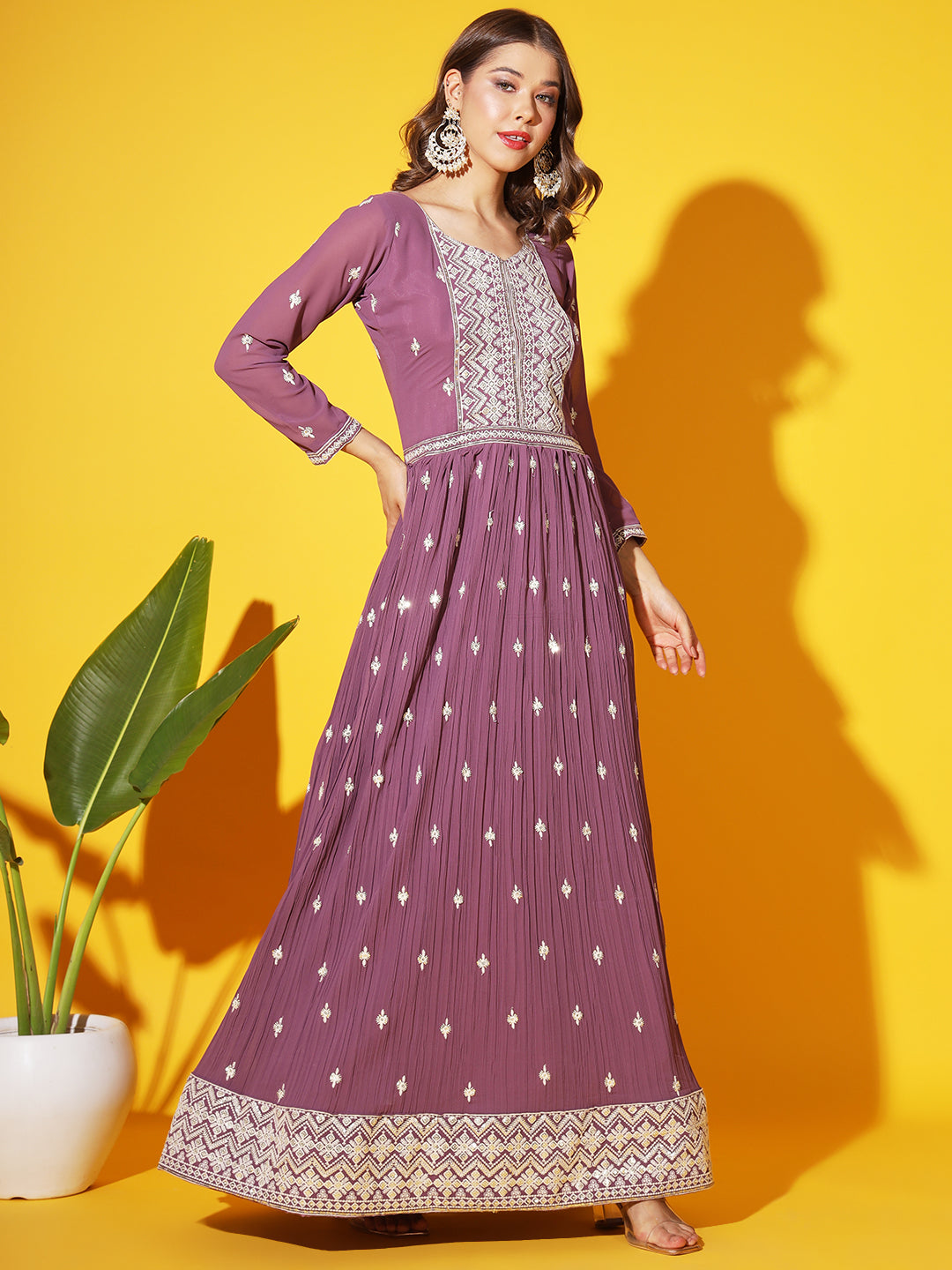 Purple Resham Chikankari Pleated Flared Georgette Gown with Dupatta