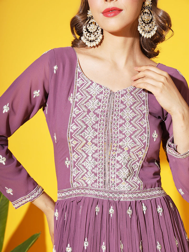 Purple Resham Chikankari Pleated Flared Georgette Gown with Dupatta
