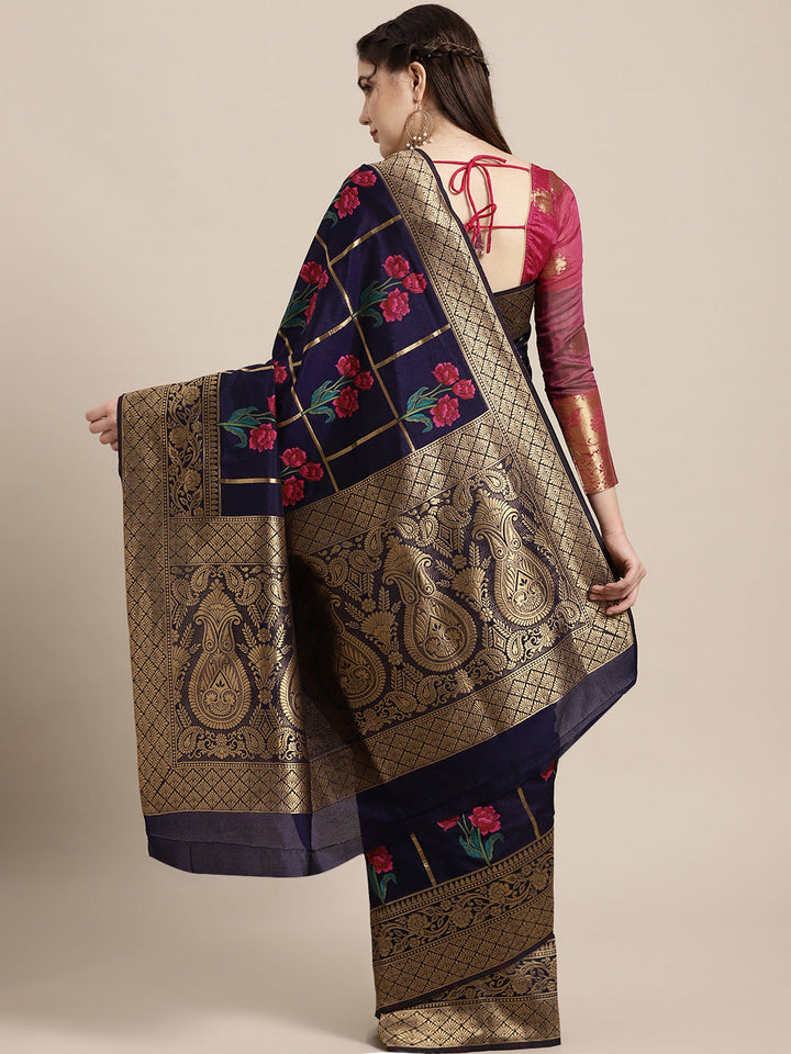 Mysore Silk Saree with Intricate Zari Weaving and Shaded Floral Print
