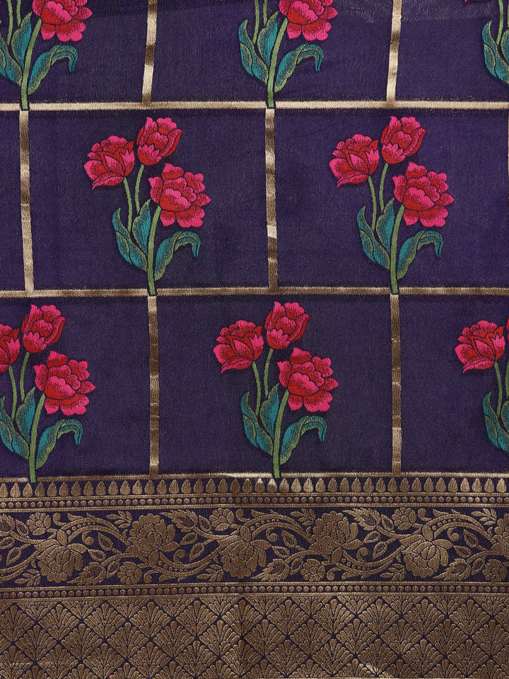 Mysore Silk Saree with Intricate Zari Weaving and Shaded Floral Print