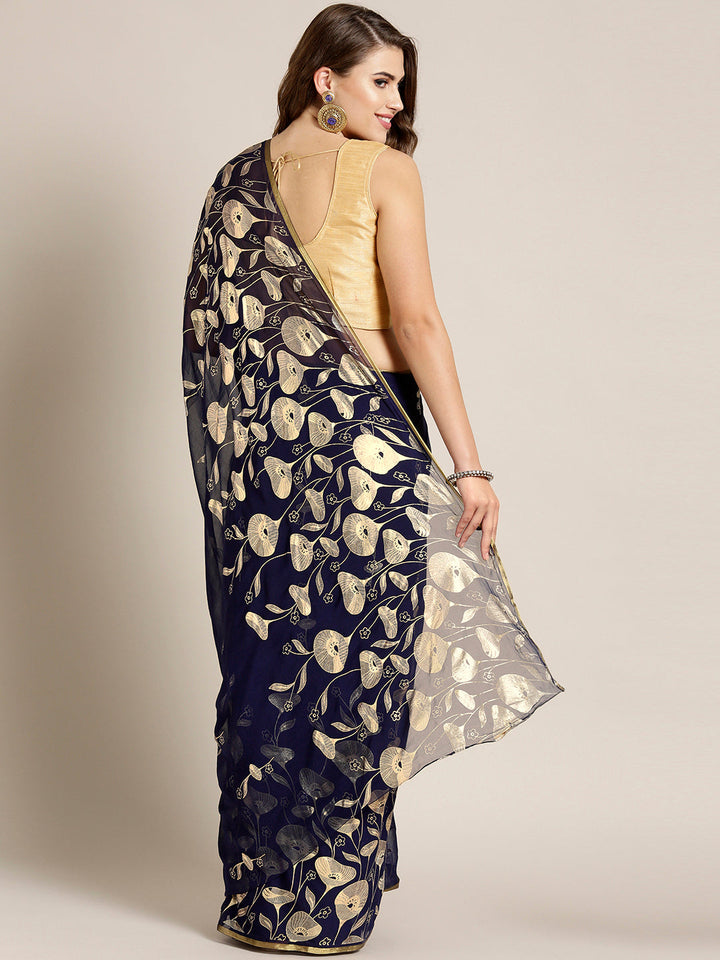Chiffon Hand-Dyed Saree with Gold Foil Printed Floral Tulip Pattern