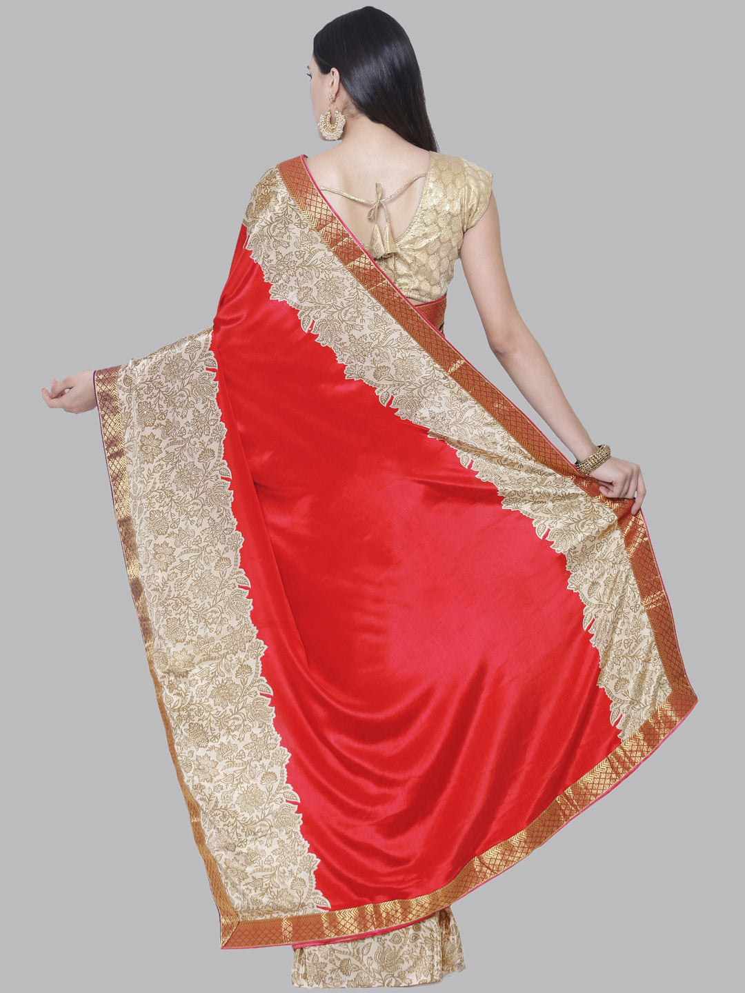 Satin Saree with Panelled Floral Print and Woven Border