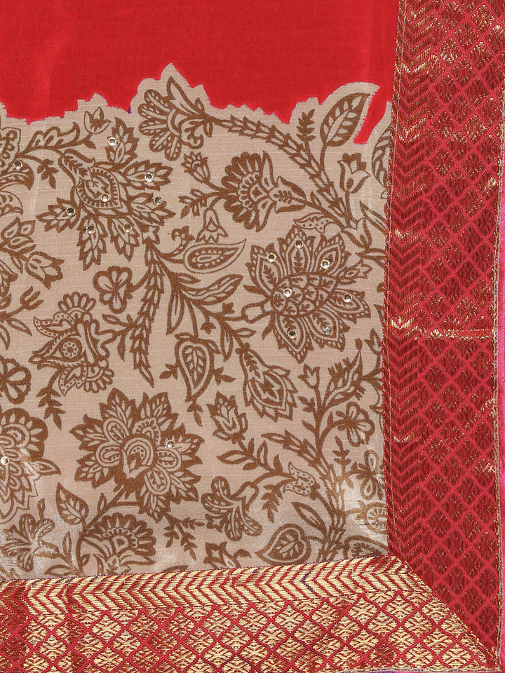 Satin Saree with Panelled Floral Print and Woven Border