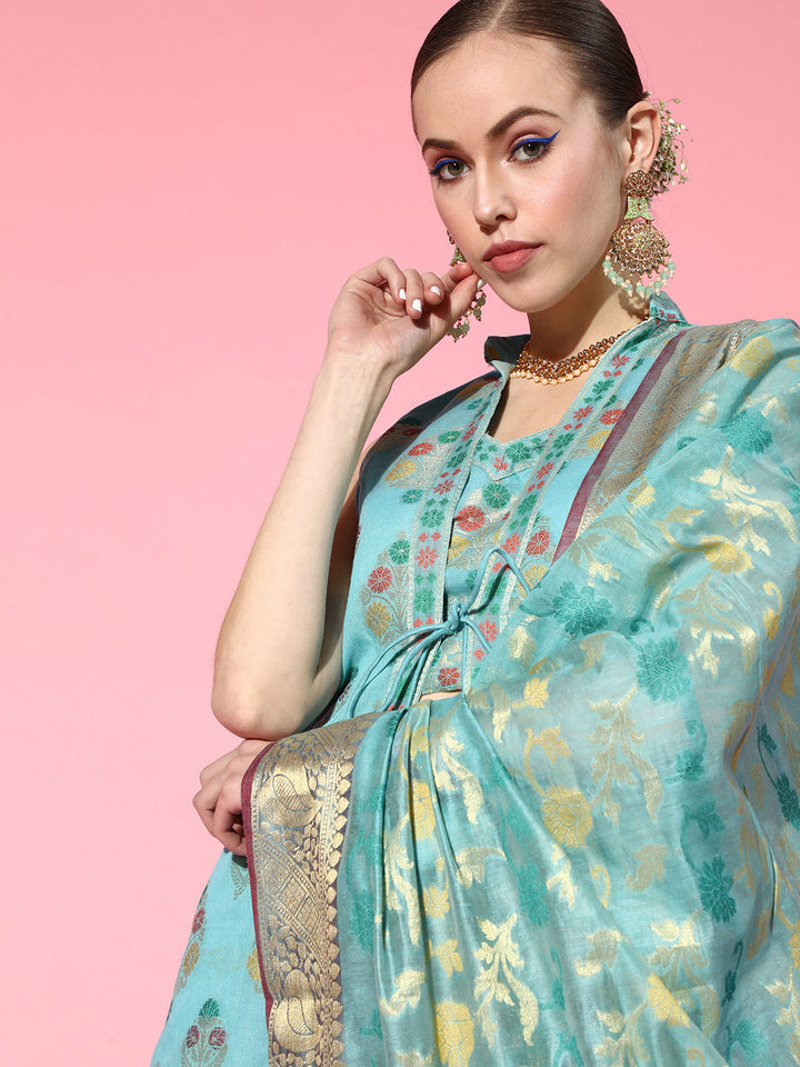Banarasi Turquoise Crop top Pant Set With Jacket