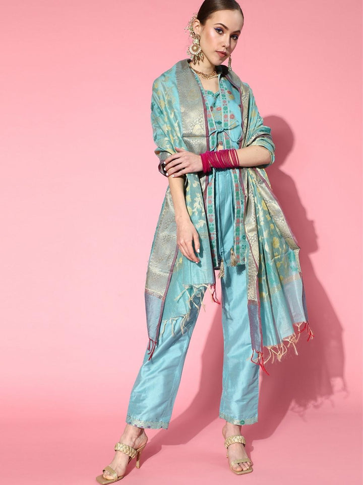 Banarasi Turquoise Crop top Pant Set With Jacket