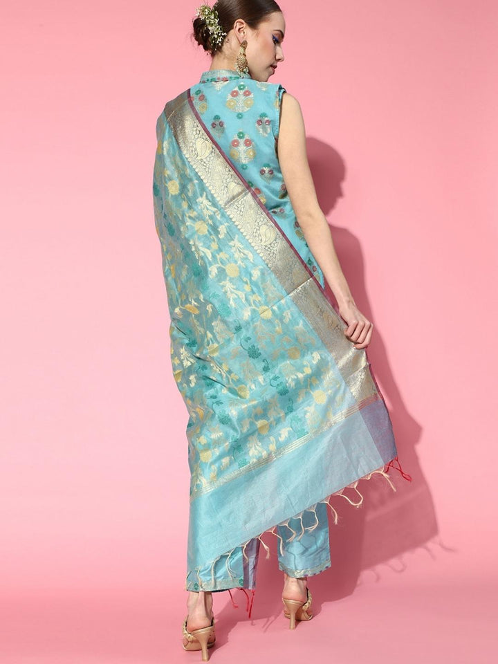 Banarasi Turquoise Crop top Pant Set With Jacket