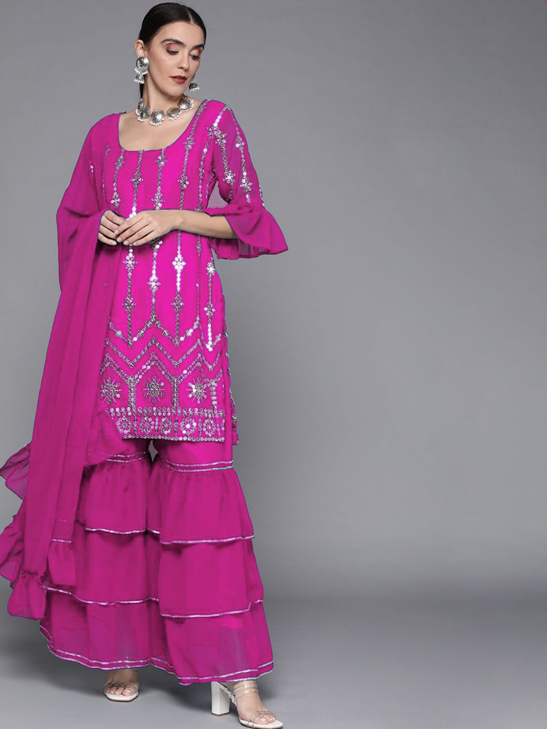 Embellished Kurta With 3 Layered Sharara & Ruffled Dupatta