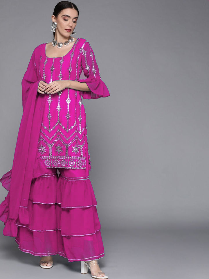 Embellished Kurta With 3 Layered Sharara & Ruffled Dupatta
