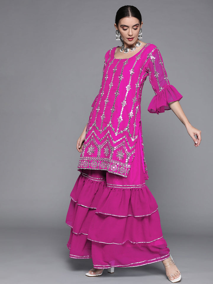 Embellished Kurta With 3 Layered Sharara & Ruffled Dupatta