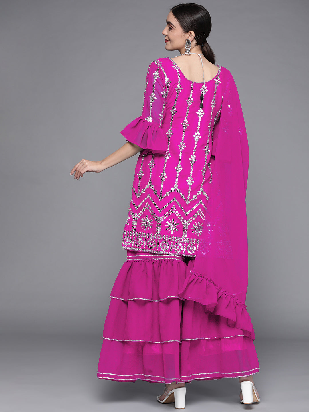 Embellished Kurta With 3 Layered Sharara & Ruffled Dupatta