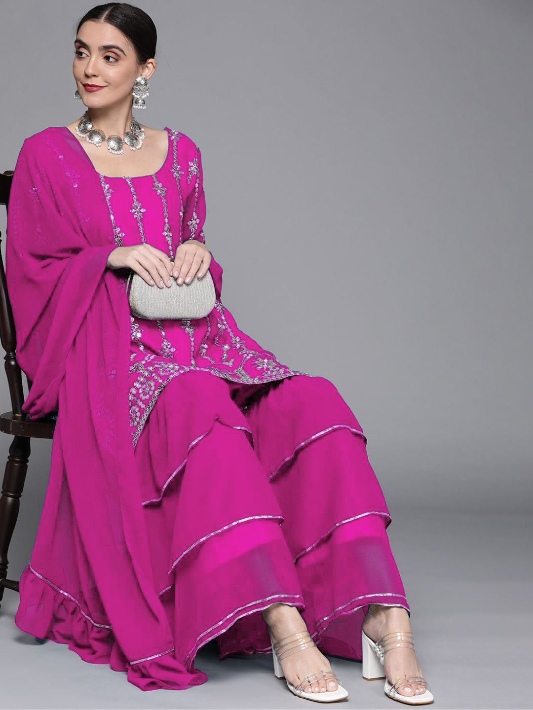 Embellished Kurta With 3 Layered Sharara & Ruffled Dupatta