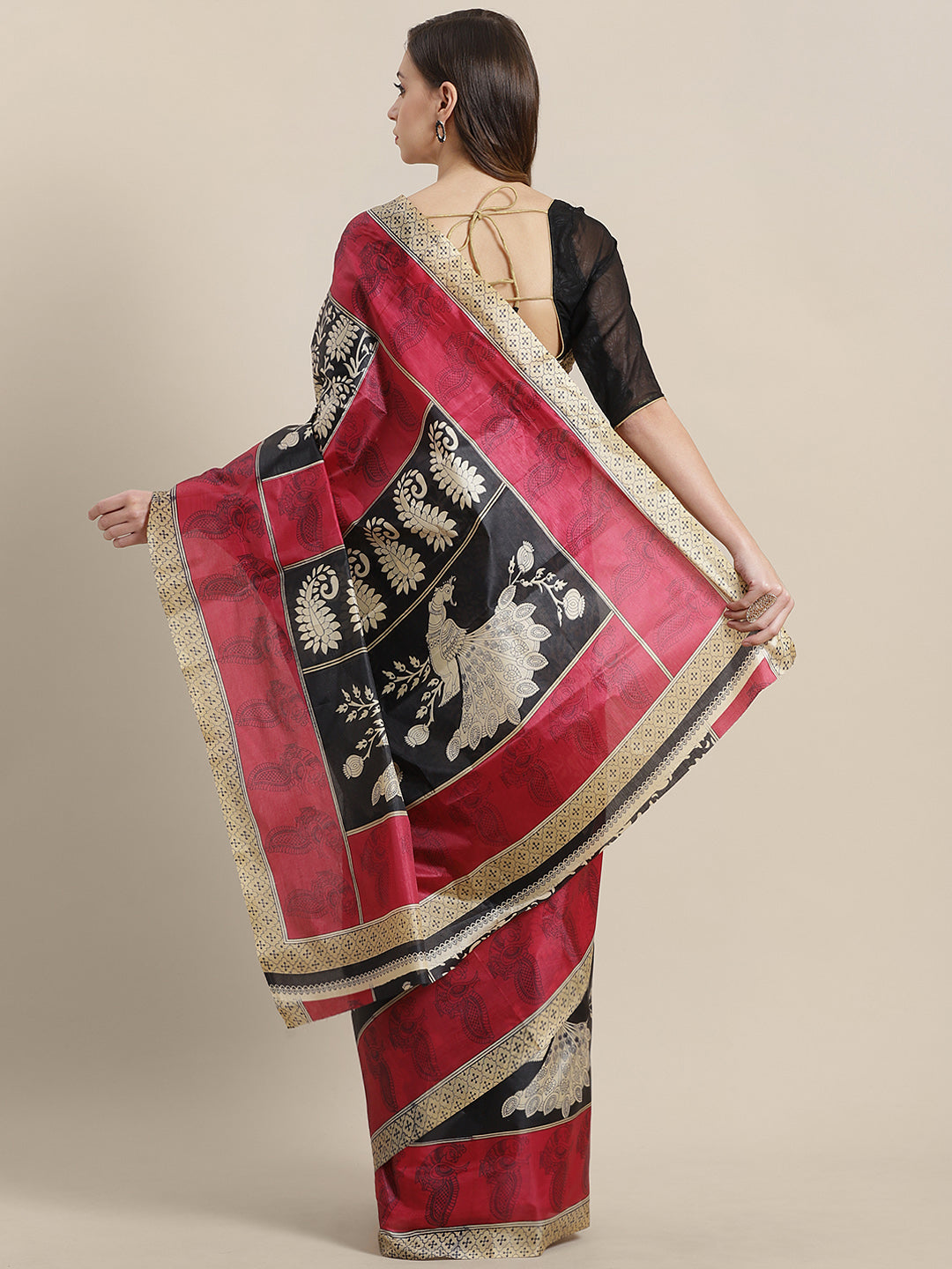 Tussar Silk Saree with Colorblocked Peacock Print