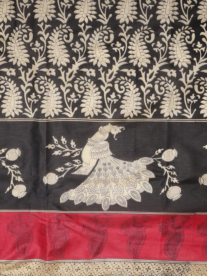 Tussar Silk Saree with Colorblocked Peacock Print