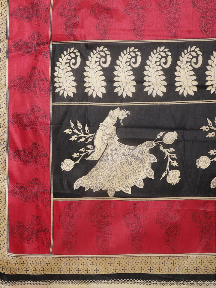 Tussar Silk Saree with Colorblocked Peacock Print