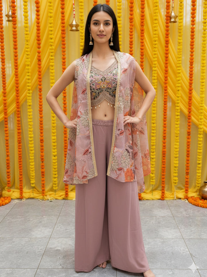 Embroidered Indo-western Pallazo Set with Scalloped Tasseled CropTop & Floral Print Cape