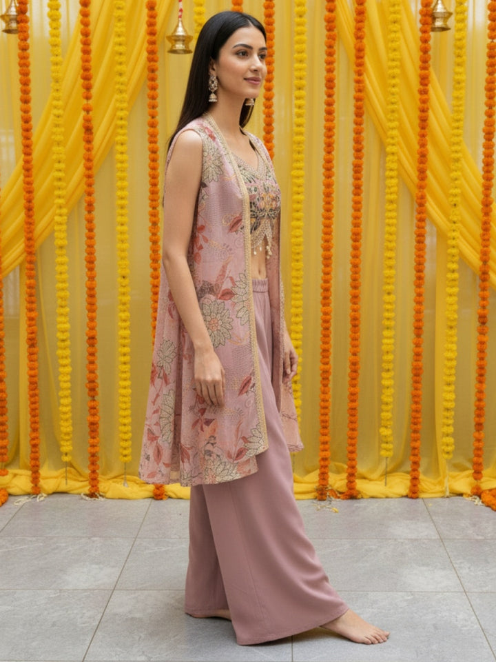 Embroidered Indo-western Pallazo Set with Scalloped Tasseled CropTop & Floral Print Cape