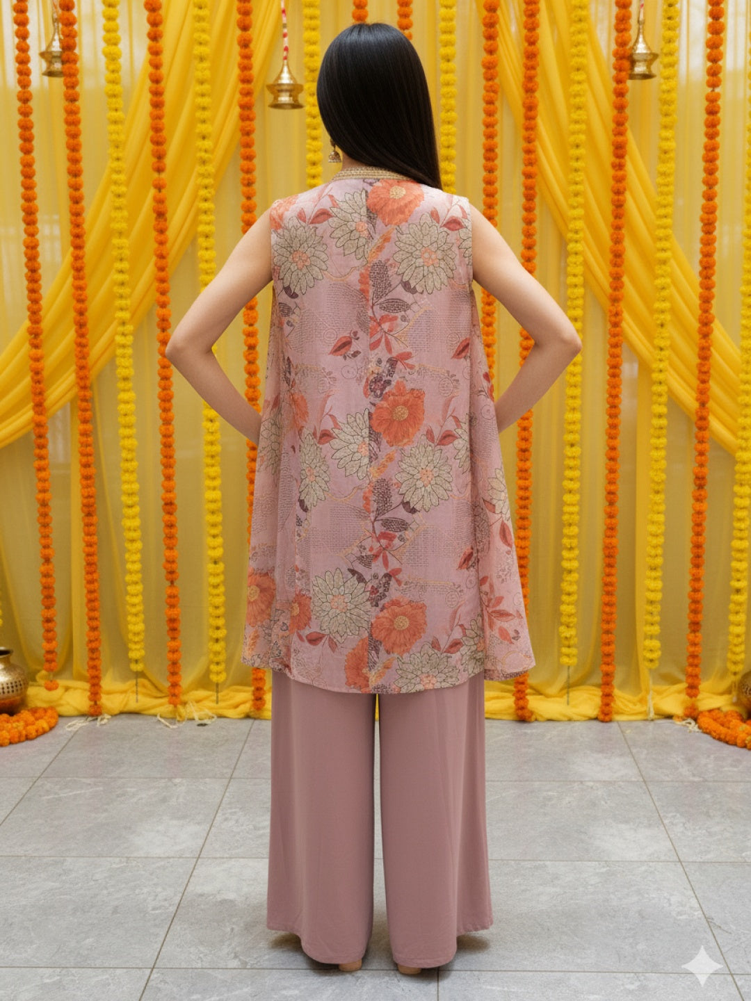 Embroidered Indo-western Pallazo Set with Scalloped Tasseled CropTop & Floral Print Cape