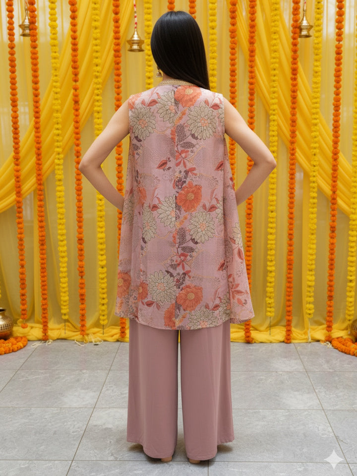 Embroidered Indo-western Pallazo Set with Scalloped Tasseled CropTop & Floral Print Cape