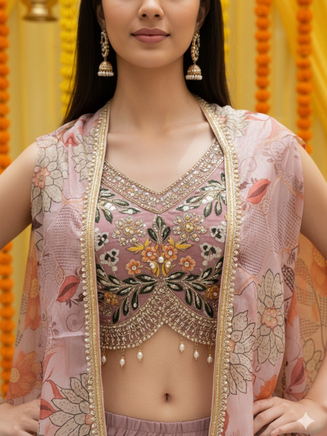 Embroidered Indo-western Pallazo Set with Scalloped Tasseled CropTop & Floral Print Cape