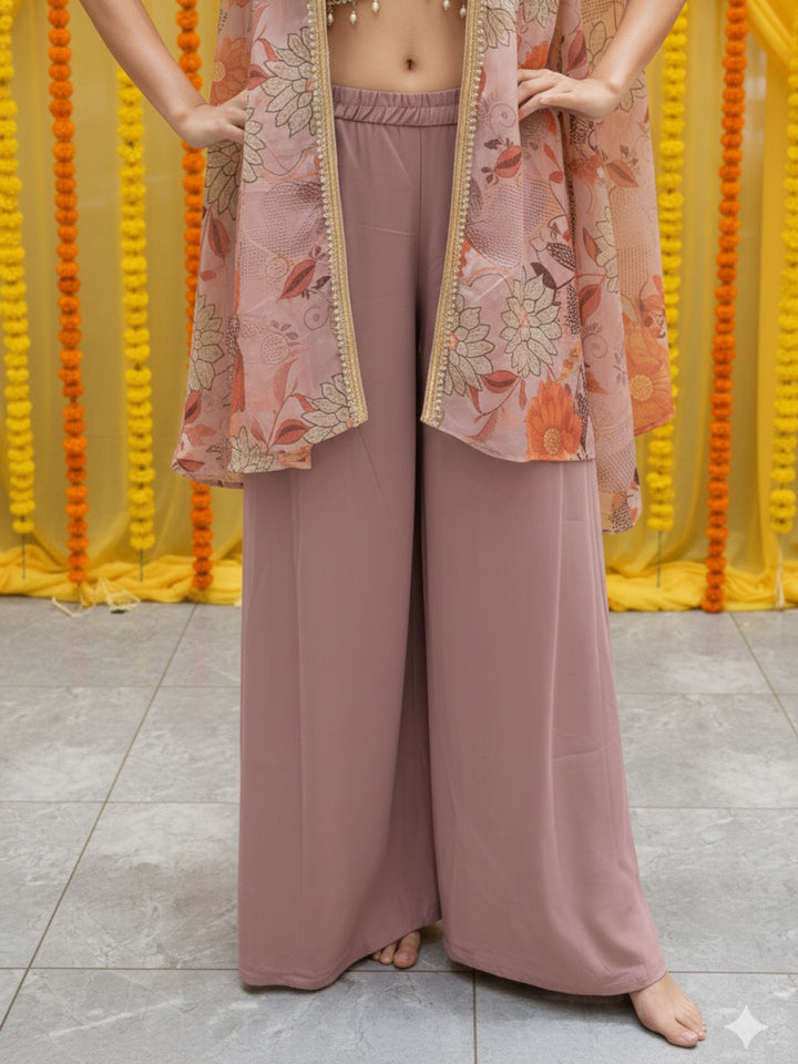 Embroidered Indo-western Pallazo Set with Scalloped Tasseled CropTop & Floral Print Cape