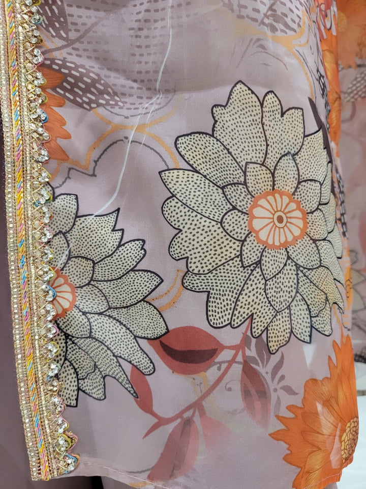 Embroidered Indo-western Pallazo Set with Scalloped Tasseled CropTop & Floral Print Cape