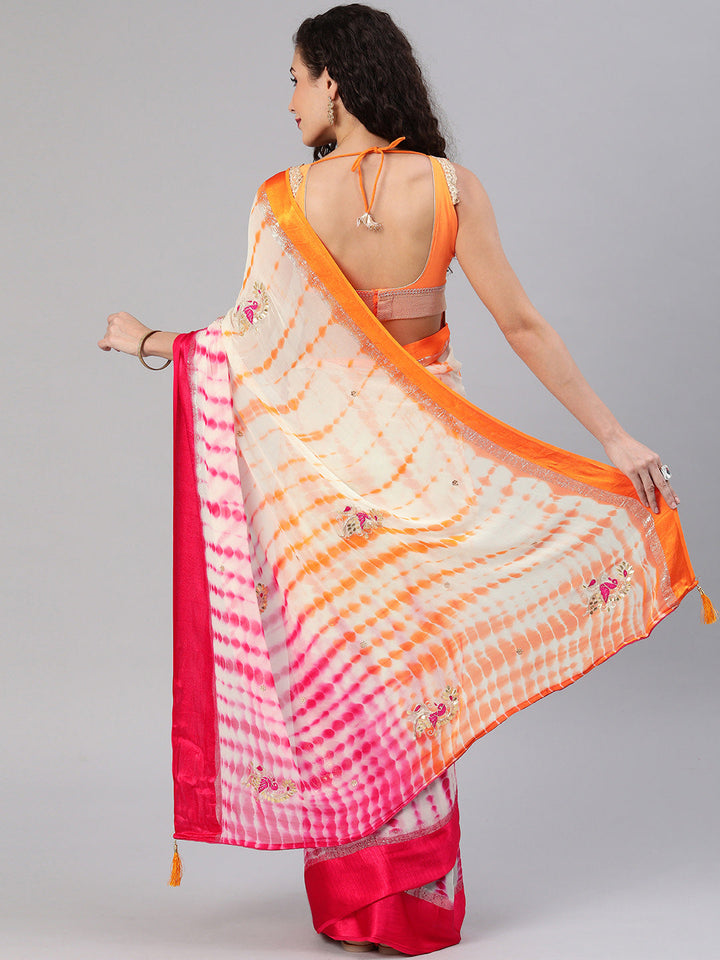 Tie And Dye Georgette Saree with Gotta Patti Peacock Motifs, Satin Border and Tassels