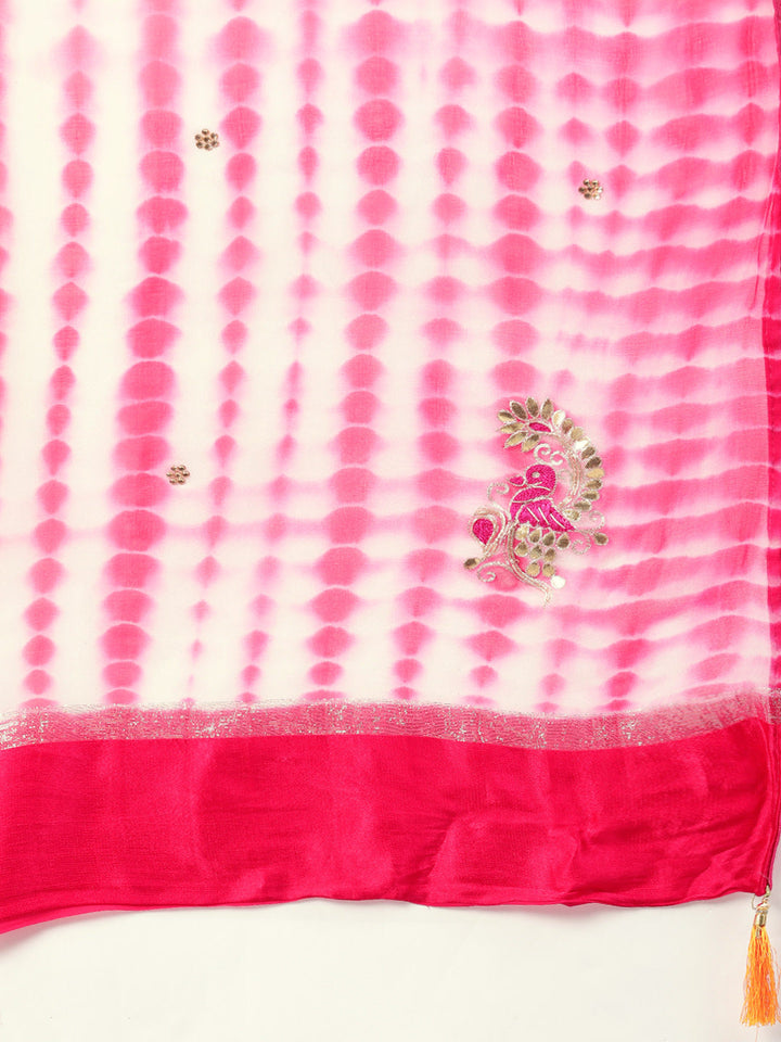 Tie And Dye Georgette Saree with Gotta Patti Peacock Motifs, Satin Border and Tassels