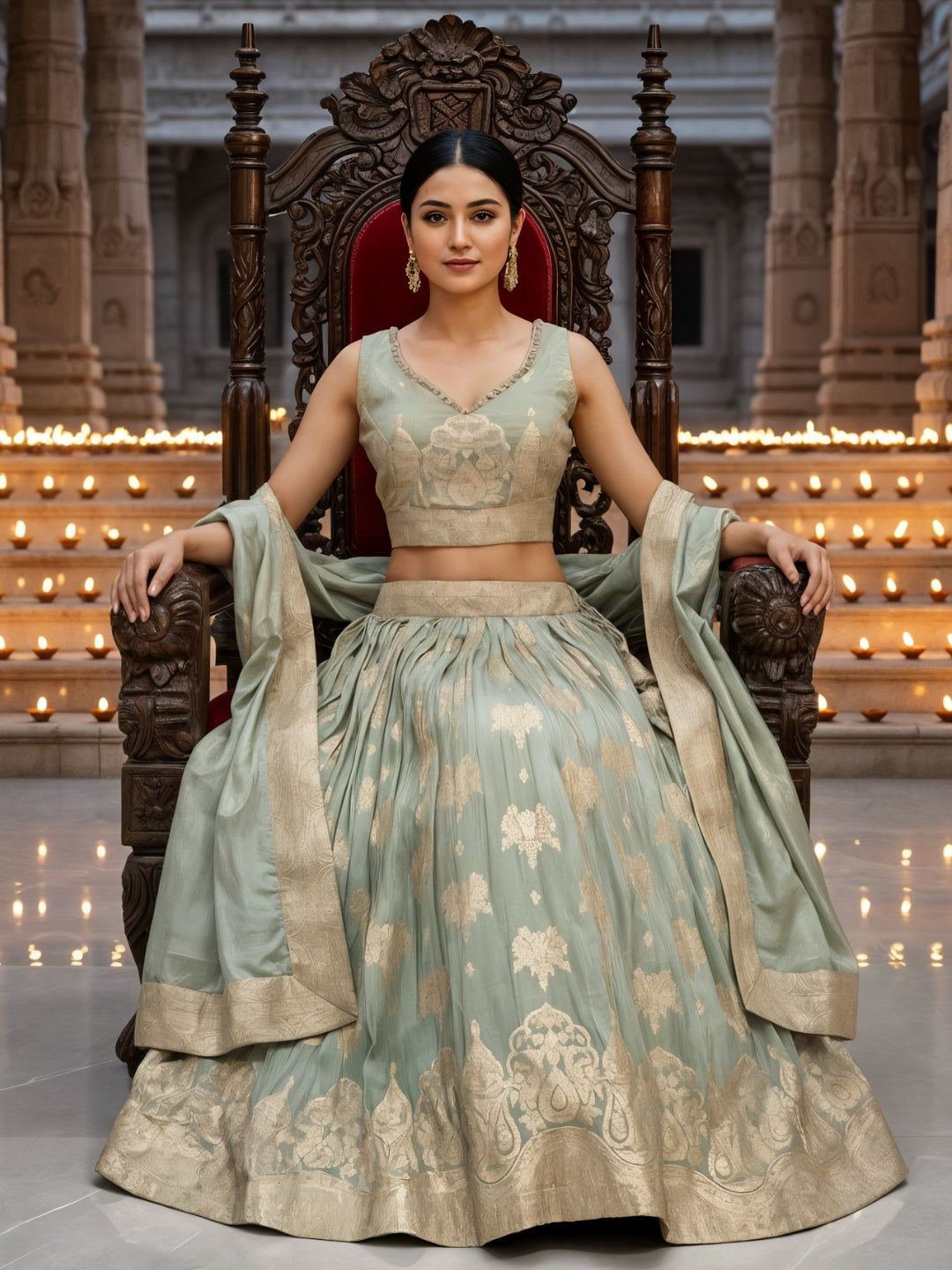 Pastel Green Banarasi Silk Lehenga Choli Set with Zari Woven Mughal Paisley Motifs