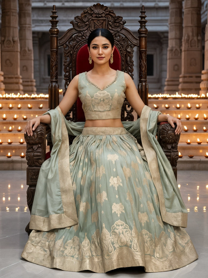 Pastel Green Banarasi Silk Lehenga Choli Set with Zari Woven Mughal Paisley Motifs