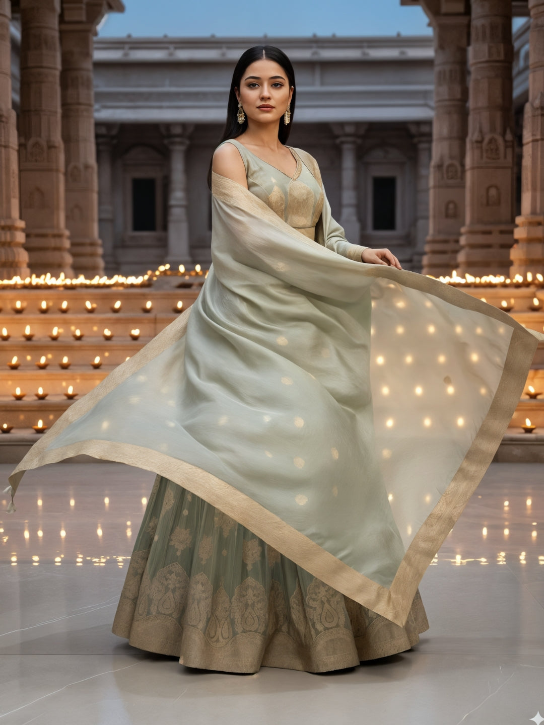 Pastel Green Banarasi Silk Lehenga Choli Set with Zari Woven Mughal Paisley Motifs