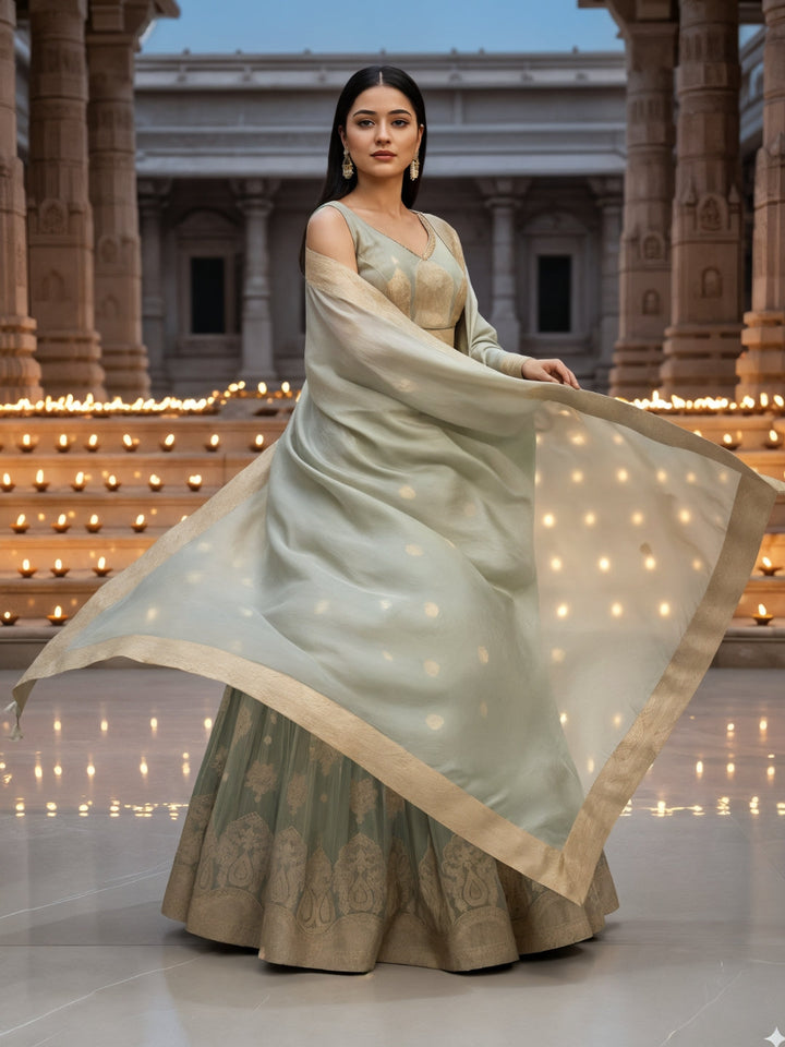 Pastel Green Banarasi Silk Lehenga Choli Set with Zari Woven Mughal Paisley Motifs