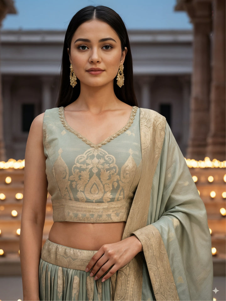 Pastel Green Banarasi Silk Lehenga Choli Set with Zari Woven Mughal Paisley Motifs