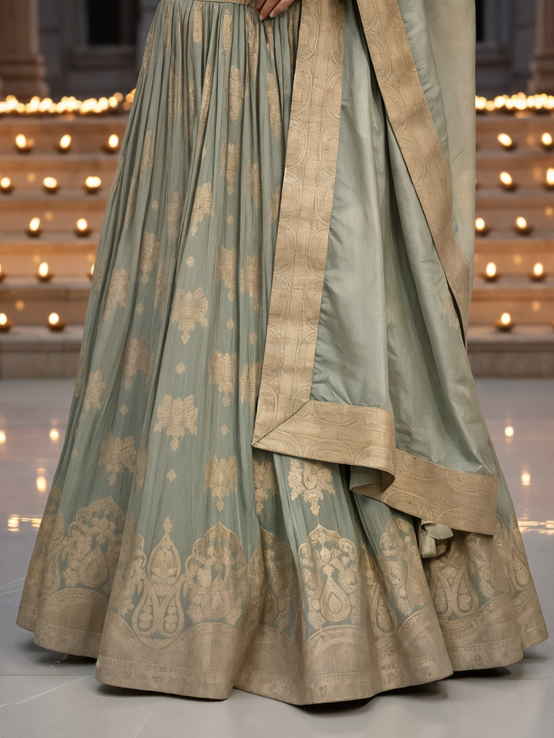 Pastel Green Banarasi Silk Lehenga Choli Set with Zari Woven Mughal Paisley Motifs