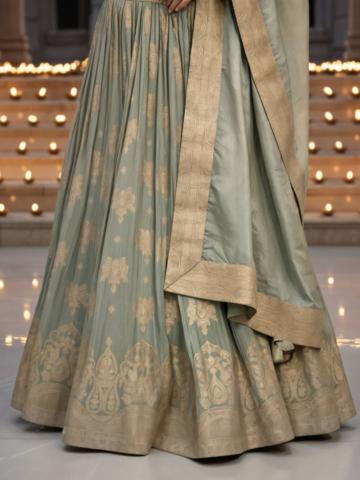 Pastel Green Banarasi Silk Lehenga Choli Set with Zari Woven Mughal Paisley Motifs