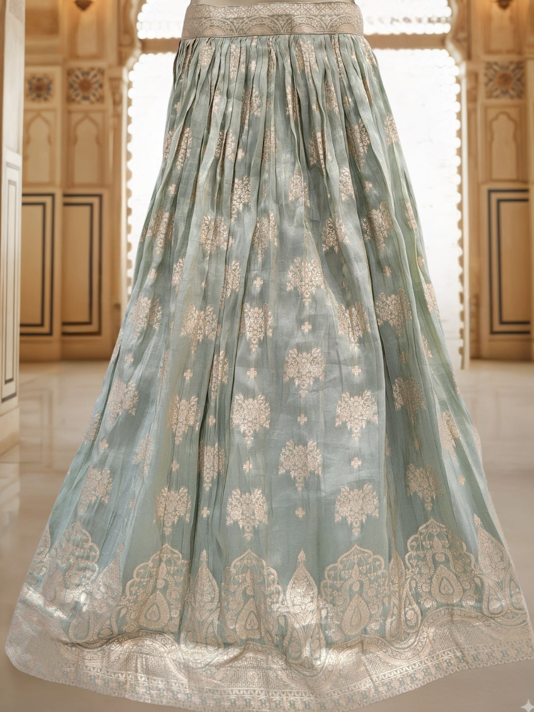 Pastel Green Banarasi Silk Lehenga Choli Set with Zari Woven Mughal Paisley Motifs